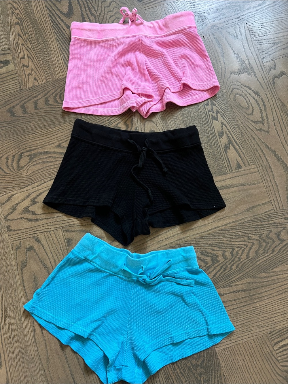 junior Girls XL -Ribbed Drawstring Lounge Shorts — Pink, Black, Aqua